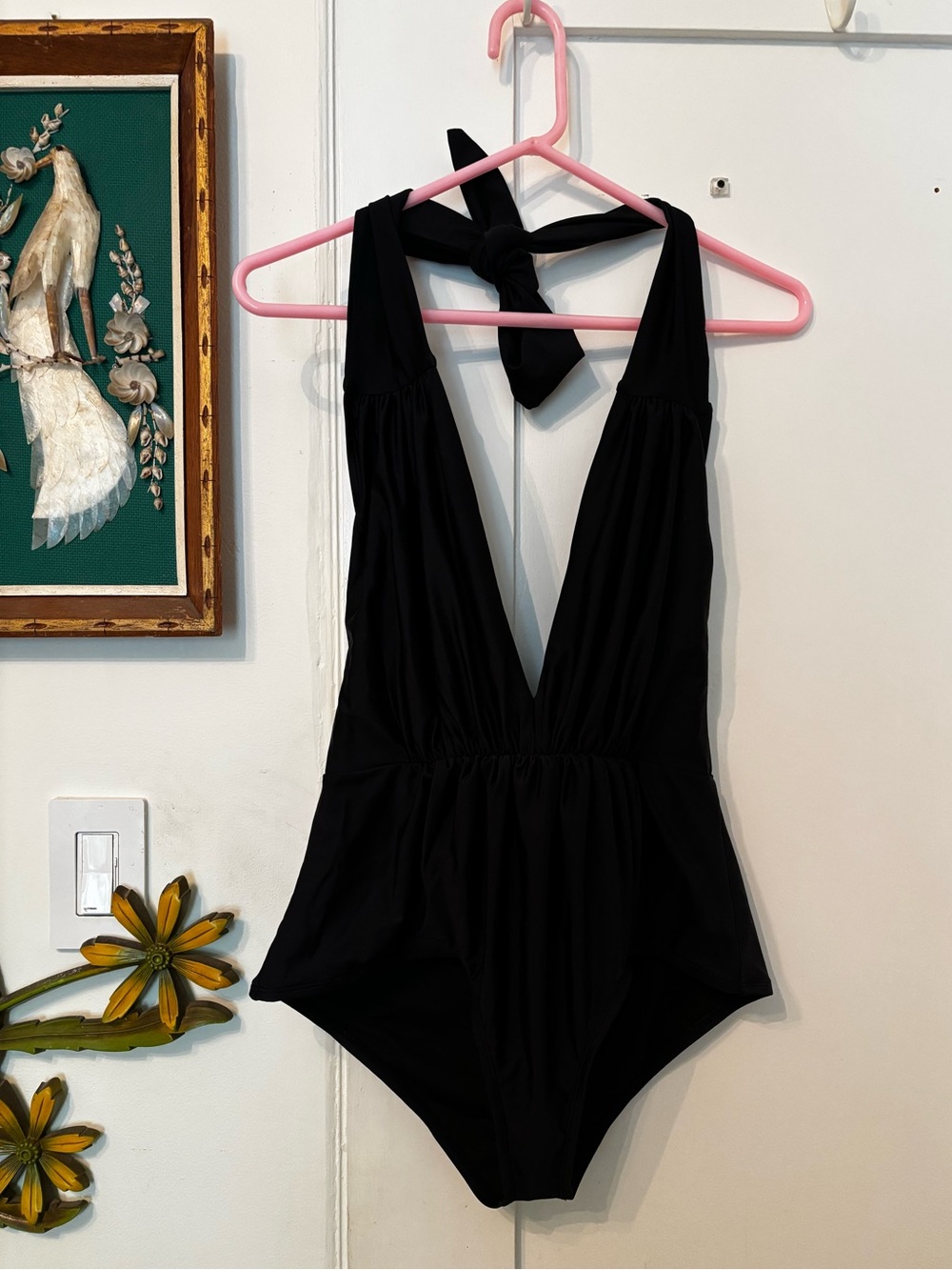 Unique Vintage Black Halter Shirred Derek One Piece Swimsuit - Large